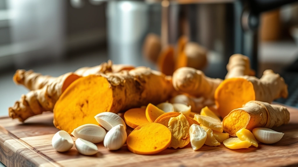 Golden turmeric root, fresh ginger slices, and crushed garlic cloves arranged on a wooden cutting board with morning light illuminating the ingredients, steam rising from a pot in soft focus background