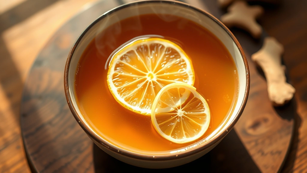 Steaming bowl of golden-amber respiratory support broth garnished with fresh lemon slice and thin ginger strips, photographed from above with warm natural light showing the rich color and texture of the liquid