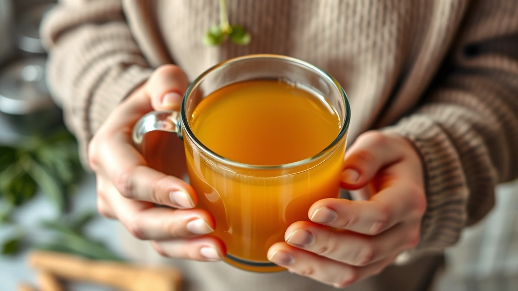 Person holding a clear glass mug of warm golden broth, hands visible showing warmth and comfort, blurred kitchen background with fresh herbs and spices, emphasizing the nourishing and therapeutic nature of the preparation