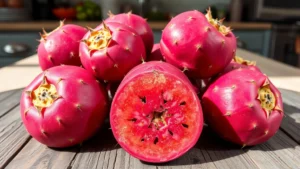 Close-up of ripe prickly pear fruits in deep magenta and coral colors, whole fruits with bumpy skin texture, arranged on weathered wooden surface with natural sunlight, rustic kitchen setting
