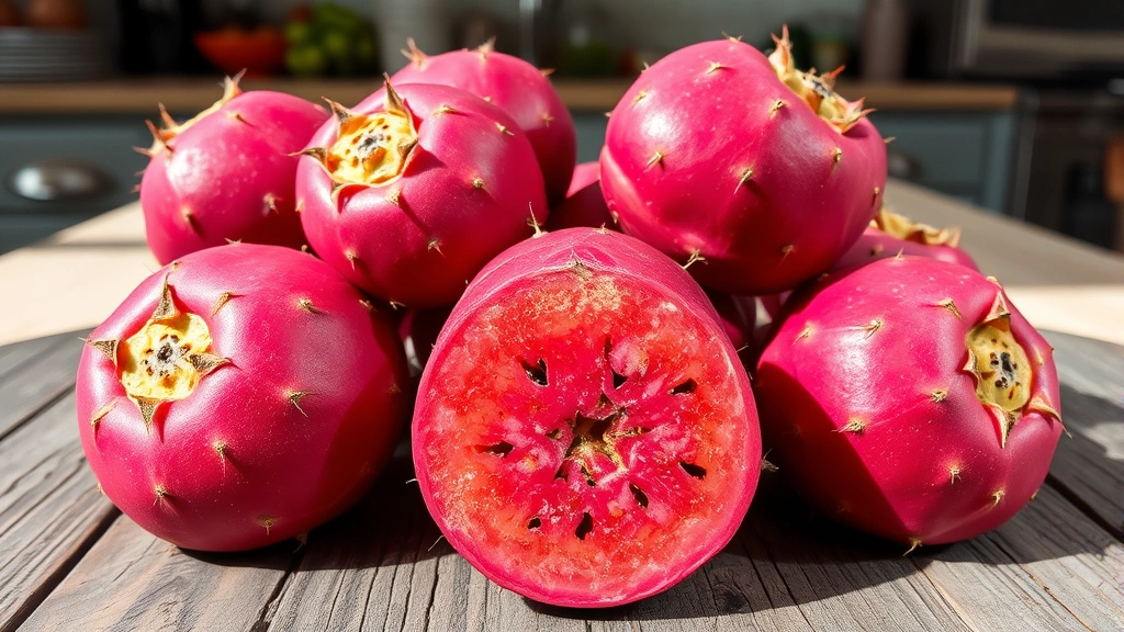 Close-up of ripe prickly pear fruits in deep magenta and coral colors, whole fruits with bumpy skin texture, arranged on weathered wooden surface with natural sunlight, rustic kitchen setting