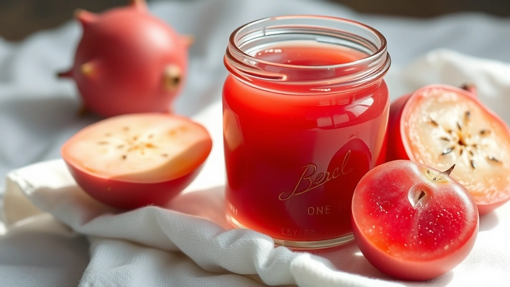 Glossy jewel-toned prickly pear jelly in clear glass jar with light shining through, showing perfect smooth gel texture, jar sitting on white linen cloth with fresh prickly pear fruit beside it