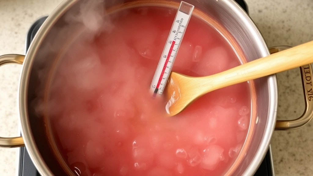 Overhead shot of steaming pot of prickly pear jelly mixture at rolling boil, candy thermometer inserted, wooden spoon resting in pot, copper or stainless steel cookware, kitchen counter background