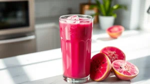 Close-up of vibrant magenta prickly pear smoothie in a tall glass with ice cubes, fresh prickly pear fruit halves beside the glass on a bright kitchen counter with natural sunlight, shot from above