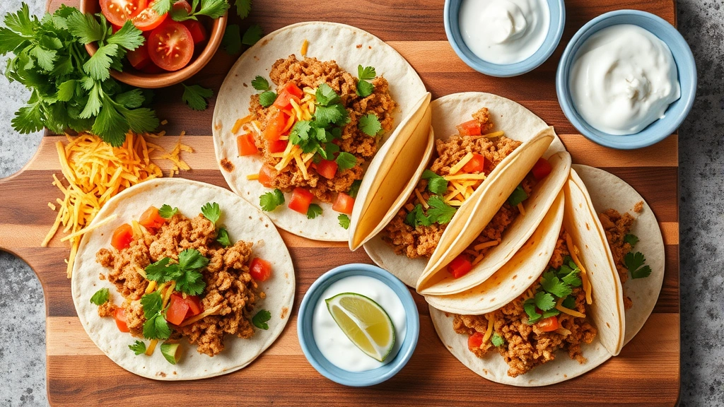 Overhead flat lay of assembled ground chicken tacos on a wooden board with fresh toppings: shredded cheese, diced tomatoes, cilantro, lime wedges, avocado slices, sour cream in small bowls, warm natural light