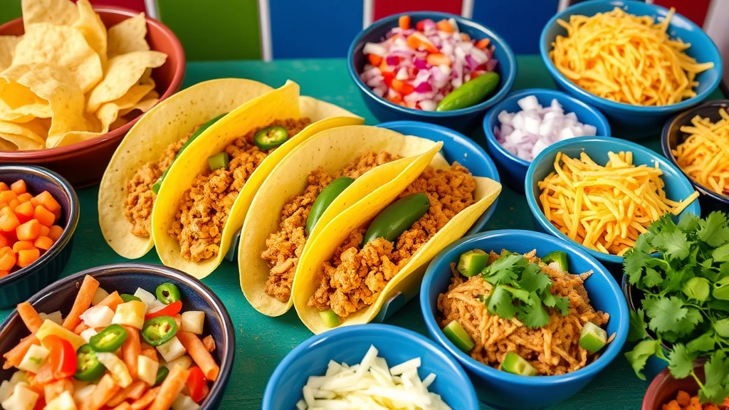 Colorful taco bar setup with multiple ground chicken taco shells, bowls of various toppings including shredded lettuce, diced onions, jalapeños, cheese, and fresh cilantro, family-style serving, inviting presentation