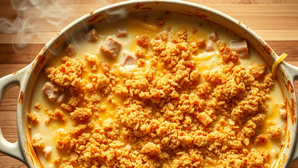 Overhead shot of creamy ham casserole with melted cheese and golden breadcrumb topping bubbling in ceramic baking dish, steam rising from surface, warm kitchen lighting