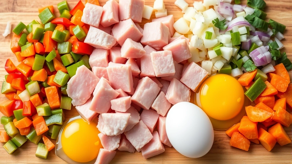 Close-up of raw ham pieces, diced vegetables including bell peppers onions and carrots, and fresh eggs arranged on wooden cutting board ready for casserole preparation