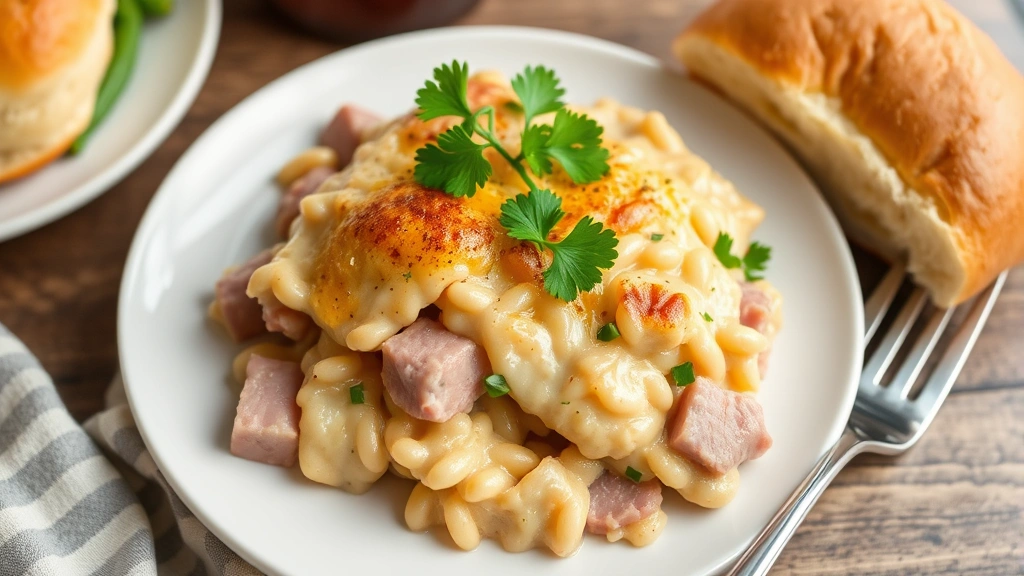 Finished ham casserole garnished with fresh parsley, served on white plate with side of green beans and dinner roll, fork beside plate, casual dining setting