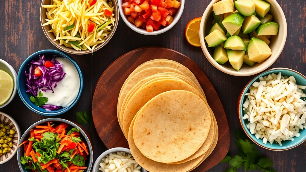 Overhead shot of colorful taco bar setup with multiple bowls containing shredded cabbage, diced tomatoes, cilantro, lime crema, avocado slices, and queso fresco, with warm corn tortillas stacked in center
