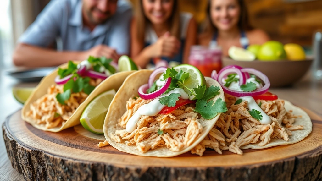 Appetizing finished shredded chicken tacos arranged on a rustic wooden plate, topped with fresh cilantro, lime wedges, pickled red onions, and creamy sauce, with blurred family setting in background