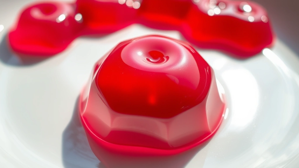 Close-up of vibrant ruby-red fruit jelly wobbling on a white ceramic plate, sunlight creating glossy reflections on the smooth gel surface, crystal clear and perfectly set