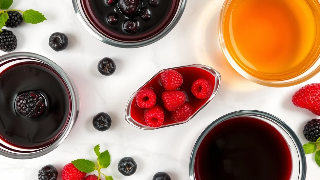 Overhead shot of multiple glass bowls containing different colored jellies - deep purple blackberry, bright red raspberry, and golden amber - arranged artfully on a marble countertop with fresh berries nearby