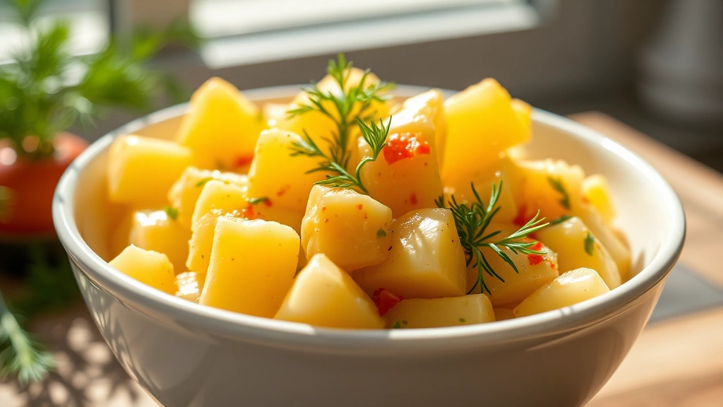 Close-up of golden-yellow creamy red potato salad in a white ceramic bowl, garnished with fresh green dill and paprika, bright natural sunlight, shallow depth of field