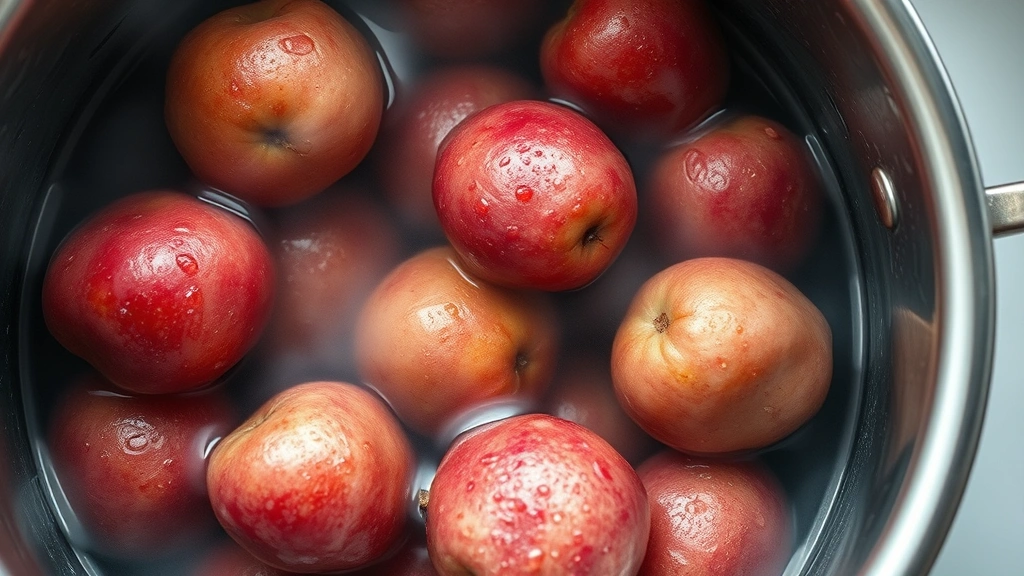 Overhead shot of whole red potatoes boiling in salted water in a stainless steel pot, steam rising, soft natural kitchen lighting, water droplets visible on potatoes