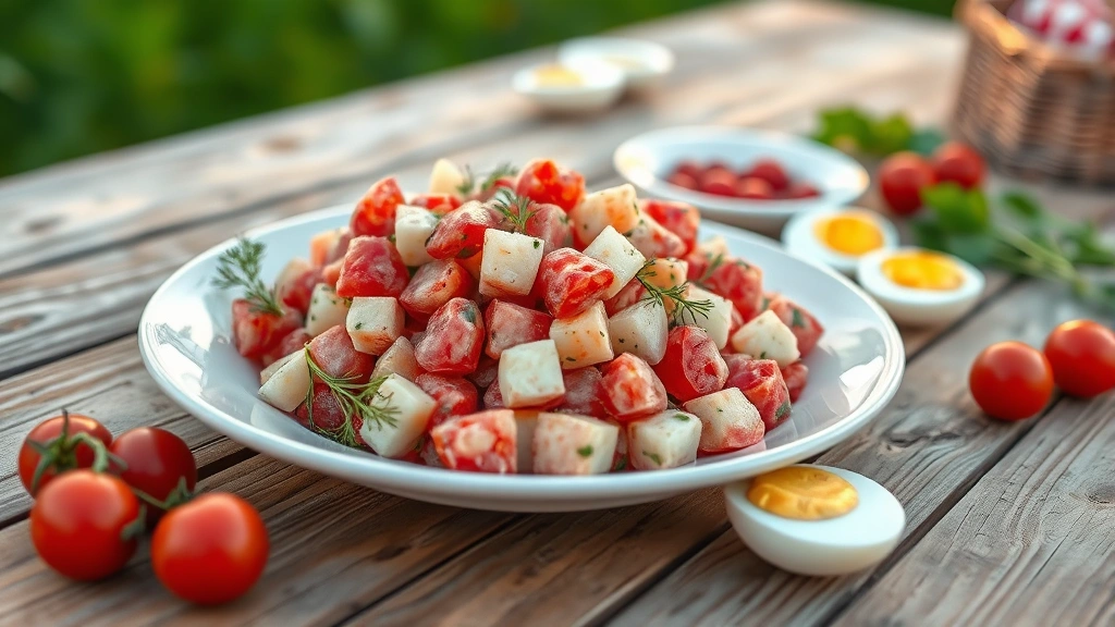 Finished red potato salad plated on a rustic wooden table with fresh dill sprigs, cherry tomatoes, and hard-boiled egg quarters visible, outdoor picnic setting, warm golden hour light