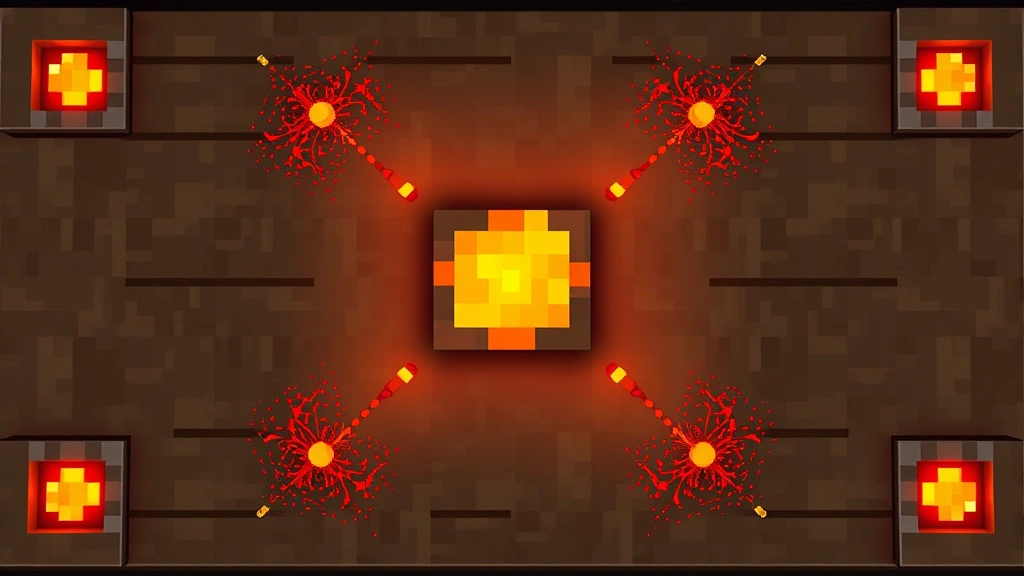 Overhead view of a Minecraft crafting table showing glowstone block in center surrounded by four redstone dust particles in cardinal directions, with empty corner slots, photorealistic pixel art style, bright workshop lighting