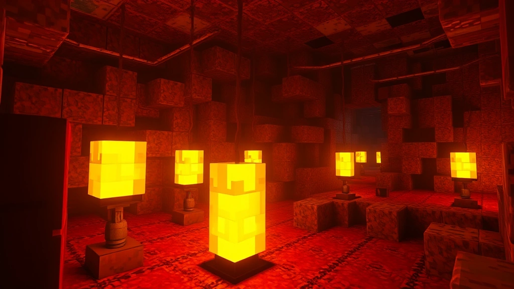 Minecraft scene of multiple redstone lamps glowing bright yellow in underground base, powered by redstone dust circuits, creating dramatic lighting atmosphere with shadows on stone walls, cinematic lighting