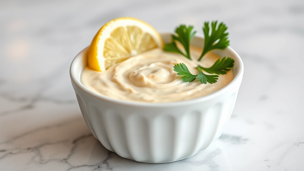 Creamy remoulade sauce in white ceramic bowl with fresh lemon wedge and parsley garnish on marble countertop, shallow depth of field, professional food photography lighting
