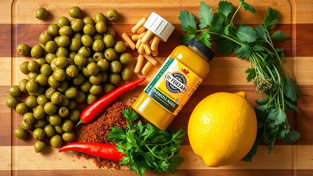 Overhead shot of remoulade ingredients arranged artfully: fresh capers, cornichons, paprika, Creole mustard, lemon, and fresh herbs on wooden cutting board with natural daylight