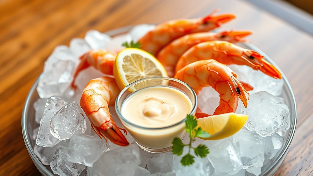 Cold shrimp on ice bed with small glass bowl of remoulade sauce, fresh lemon, and fresh herbs, elegant plating style, restaurant-quality presentation with soft natural lighting