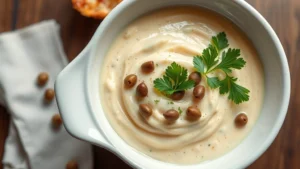 Overhead view of a white ceramic bowl filled with creamy remoulade sauce garnished with fresh parsley sprigs and capers scattered on top, professional food photography lighting, shallow depth of field, wooden table background