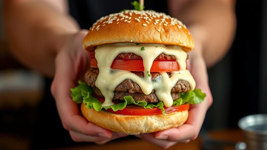 Hands holding a burger stacked high with remoulade sauce dripping down the sides, sesame seed bun, lettuce and tomato visible, fresh herbs garnish, close-up food photography, blurred background