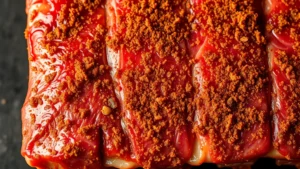 Close-up of raw baby back ribs with golden-brown dry rub applied evenly to meat surface, showing texture and color depth, studio lighting