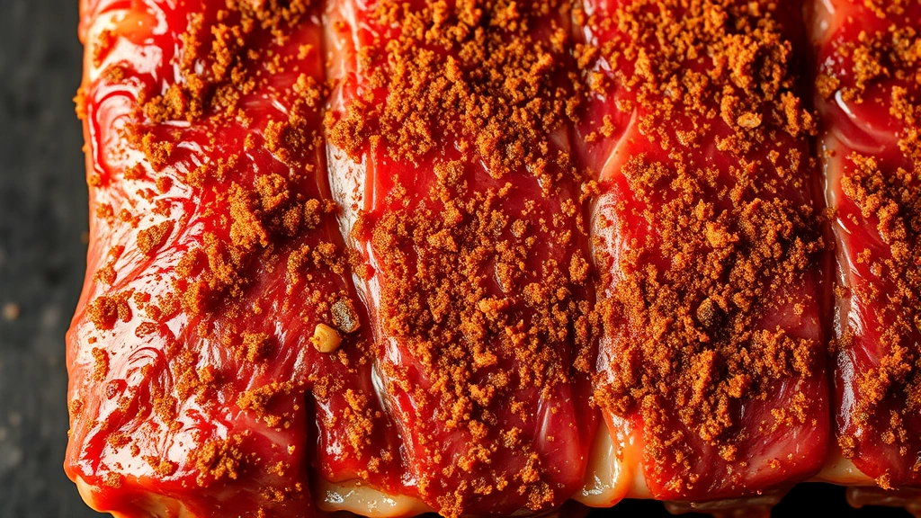 Close-up of raw baby back ribs with golden-brown dry rub applied evenly to meat surface, showing texture and color depth, studio lighting