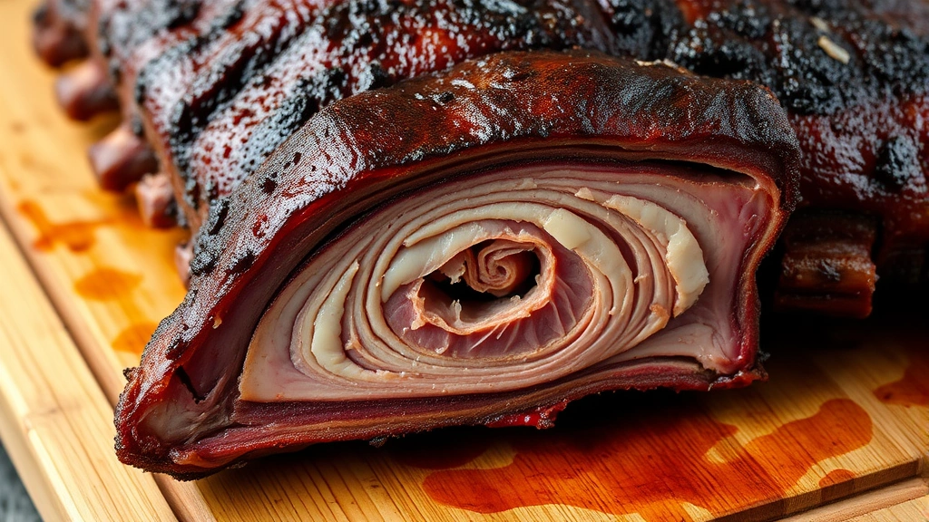 Smoked ribs with dark mahogany bark and visible smoke ring cross-section, glistening with rendered fat, on wooden cutting board with smoke wisping