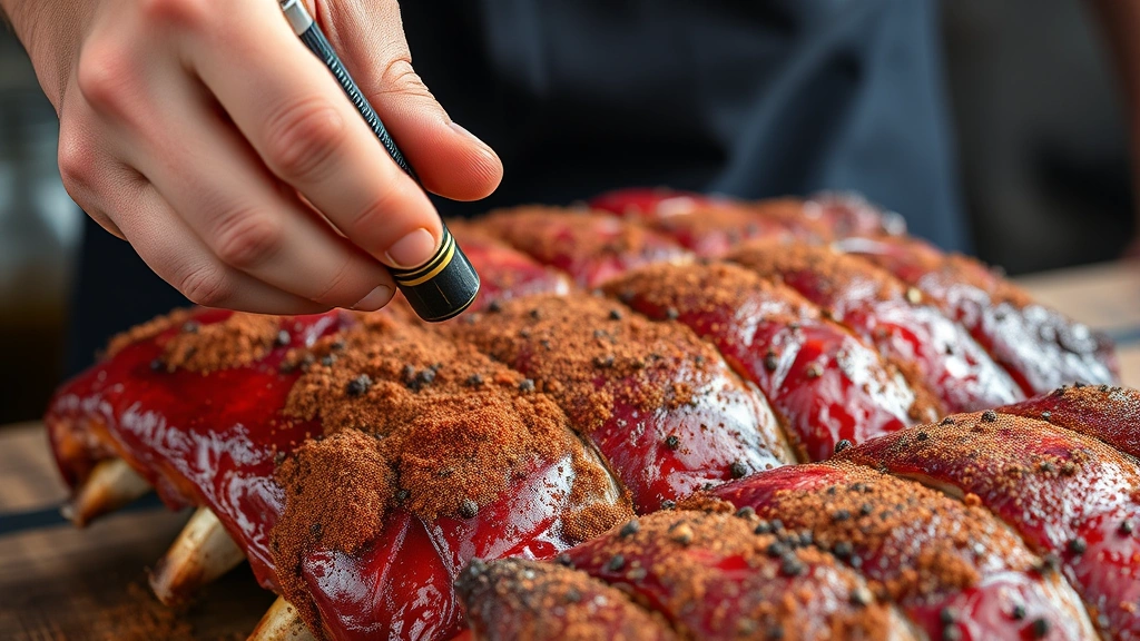 Pitmaster's hands pressing homemade spice rub into ribs, showing application technique with fresh black pepper and paprika visible, natural daylight
