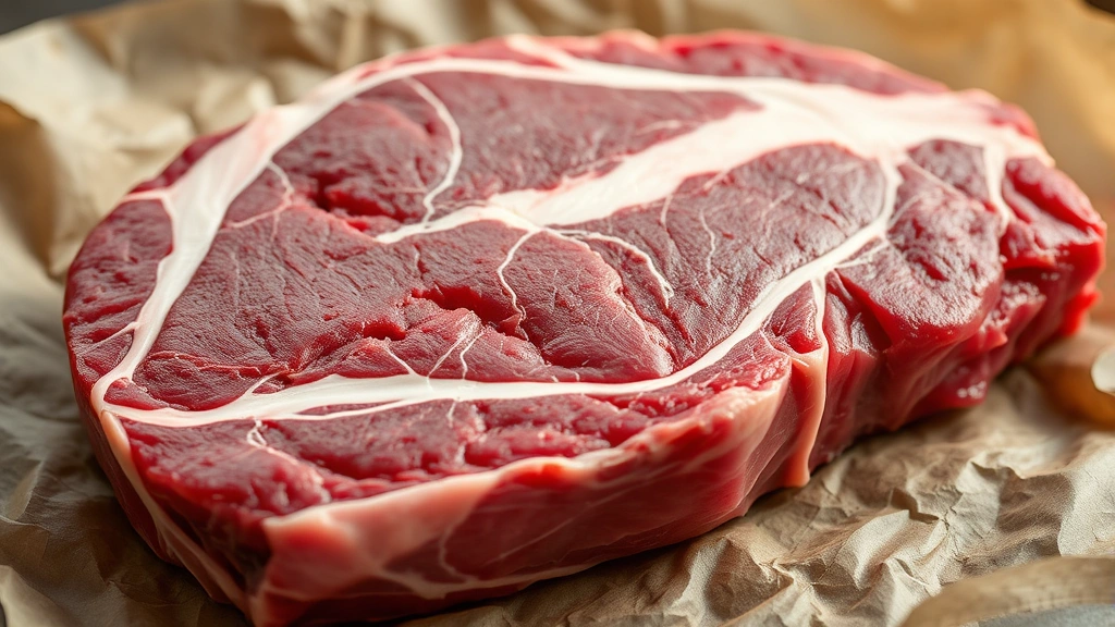 Close-up of raw prime ribeye roast with marbled fat lines and thick fat cap, resting on butcher paper, natural lighting showing meat texture and quality