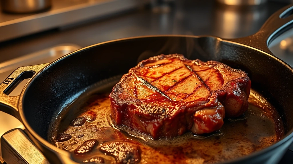 Cast iron skillet with golden-brown seared ribeye roast showing deep crust formation, steam rising, professional kitchen setting with warm ambient light