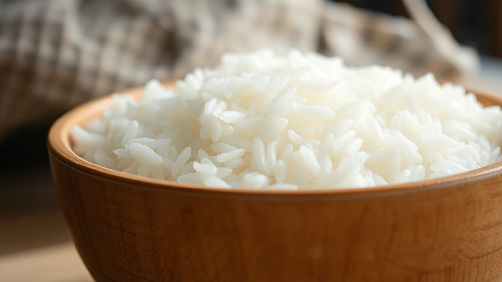 Close-up of steaming white jasmine rice in a wooden bowl with steam rising, professional kitchen lighting, photorealistic