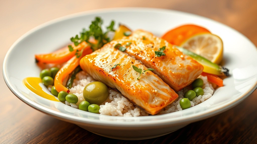 Professional plated Asian fusion rice bowl featuring seared salmon, edamame, pickled vegetables, microgreens, drizzled with sesame oil, warm natural lighting