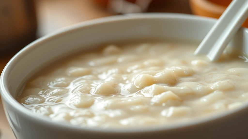 Close-up of creamy rice porridge in a white bowl, showing smooth texture with gentle steam rising, natural kitchen lighting, shallow depth of field, authentic Asian comfort food aesthetic