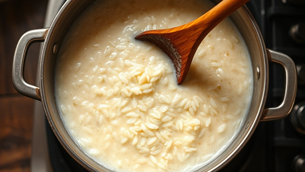 Overhead shot of rice porridge cooking in a heavy-bottomed pot on stovetop, rice grains breaking down into creamy mixture, wooden spoon stirring, warm ambient lighting showing cooking process