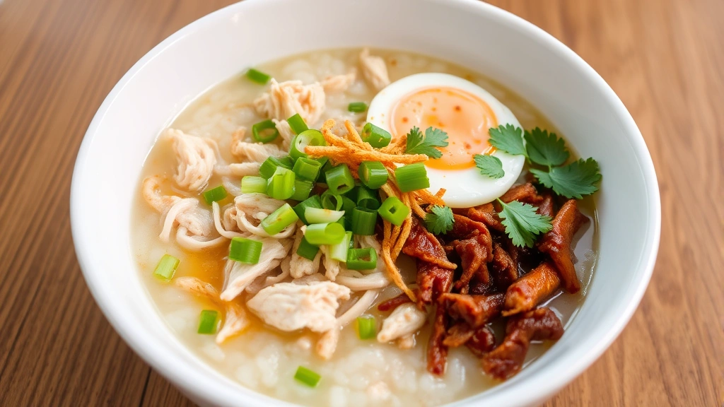 Beautiful bowl of finished rice porridge garnished with shredded chicken, green onions, crispy fried shallots, poached egg, drizzle of sesame oil, fresh cilantro, white ceramic bowl on wooden table