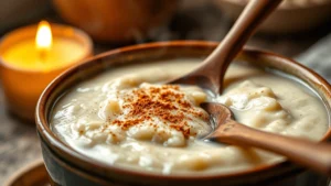 Close-up of creamy rice pudding in a ceramic bowl, steam rising, golden-brown cinnamon dusting on top, candlelight reflection on the surface, wooden spoon resting inside, warm inviting lighting, soft focus background