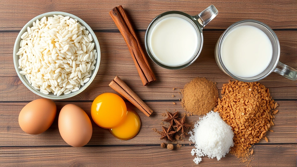 Overhead flat lay of rice pudding ingredients arranged artfully: short-grain rice grains, whole eggs, vanilla bean, cinnamon stick, nutmeg, fresh milk in glass pitcher, brown and white sugar, all on rustic wooden surface