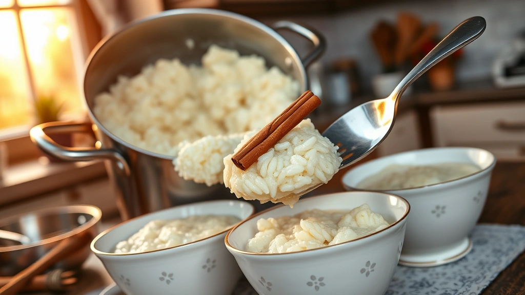 Finished rice pudding being served from a large pot into vintage porcelain bowls, creamy texture visible, garnished with fresh cinnamon stick, warm kitchen setting with vintage serving utensils, golden hour lighting through window