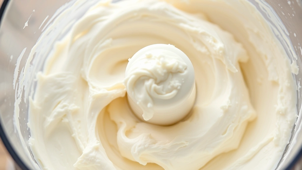 Close-up of smooth, creamy ricotta cheese being processed in food processor, showing light texture and consistency