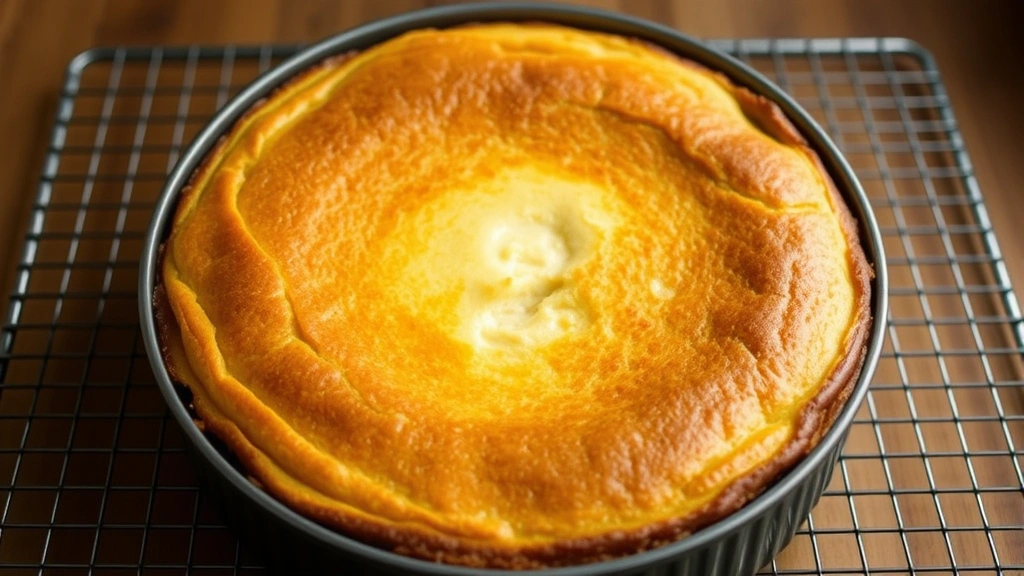 Golden-brown baked ricotta cheesecake with slight puff around edges, jiggling center visible, in springform pan on cooling rack