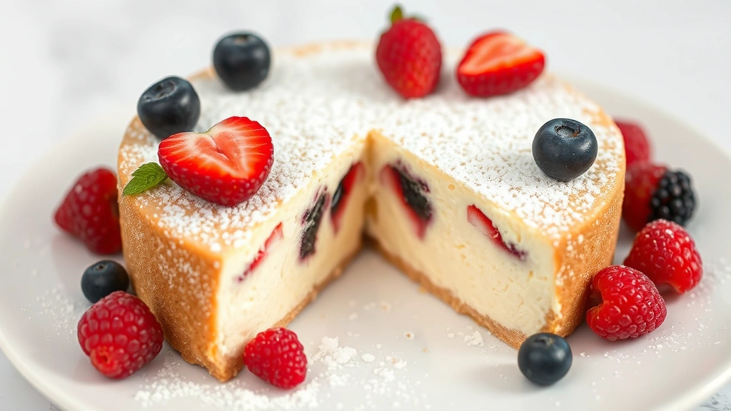 Sliced ricotta cheesecake on white plate with fresh berries scattered on top and powdered sugar dusting, showing fluffy light interior texture