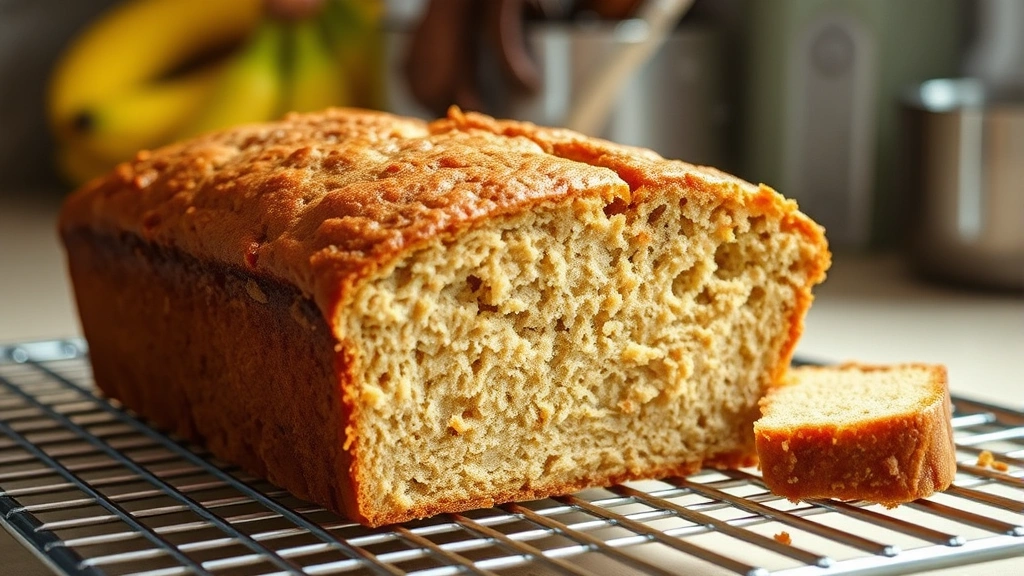 Freshly baked golden-brown banana bread loaf cooling on wire rack, steam rising, slice partially cut showing moist tender crumb interior, warm kitchen lighting