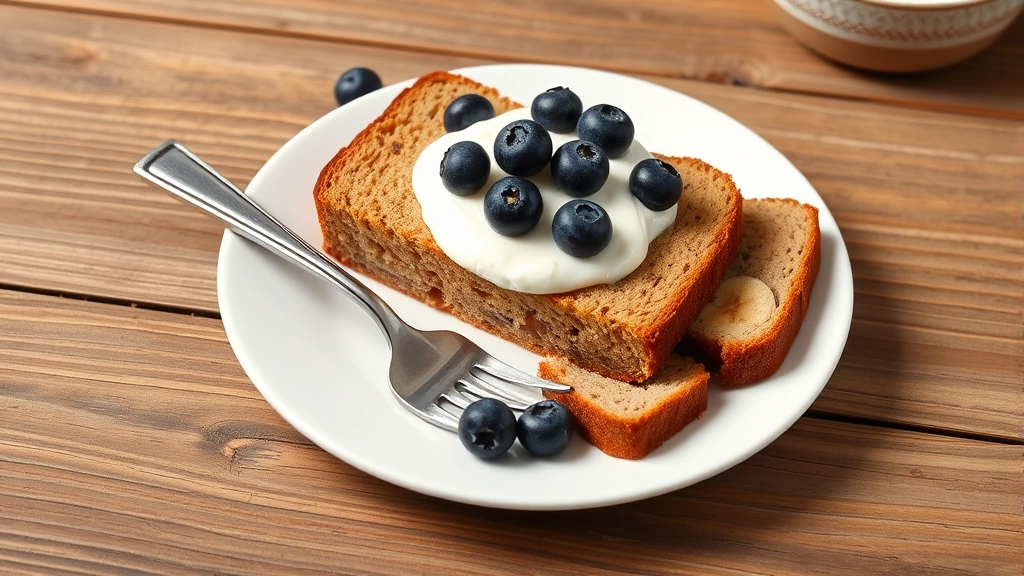 Sliced banana bread served on white plate with fork, topped with creamy Greek yogurt and fresh blueberries, rustic wooden table background, appetizing food styling