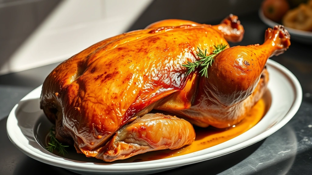 Golden-brown whole roasted duck on white porcelain platter, crispy mahogany skin glistening with rendered fat, fresh thyme sprigs garnish, dramatic kitchen lighting casting shadows, close-up detail showing crackling texture