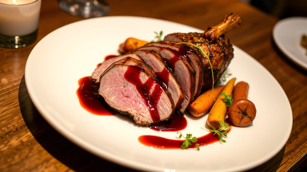 Plated roast duck presentation with carved duck breast slices fanned on white plate, cherry gastrique sauce drizzled elegantly, roasted root vegetables and fresh microgreens as garnish, fine dining plating style, warm ambient lighting