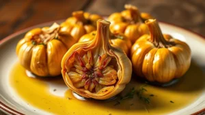 Golden-brown roasted garlic bulbs cut-side up on a ceramic plate, glistening with olive oil, herbs visible on surface, professional food photography lighting