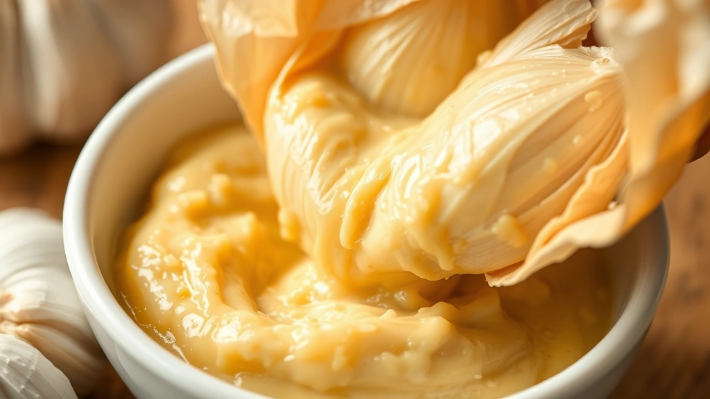 Creamy roasted garlic cloves being squeezed from papery skin into a white bowl, soft golden paste texture, warm natural lighting, close-up detail shot